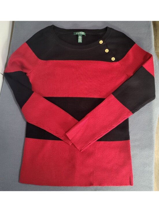 Lauren Ralph Lauren Sweaters - Lauren Ralph Lauren Womens XL Colorblock Black Red Sweater Gold Buttons Ribbed